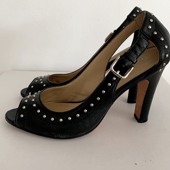 Coach Billee Black Leather Studded Peep Toe Heels Pumps - Picture 5 of 8